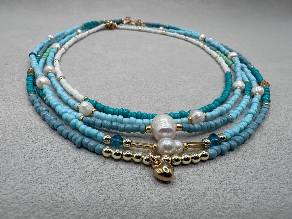 Summer Turquoise Color Beaded Choker Set with Freshwater Pearl